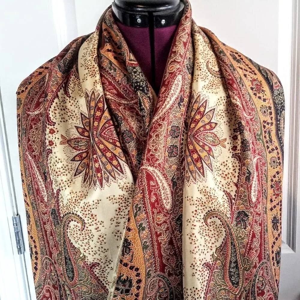 Gold Green Orange Red Paisley Oblong Silk Scarf